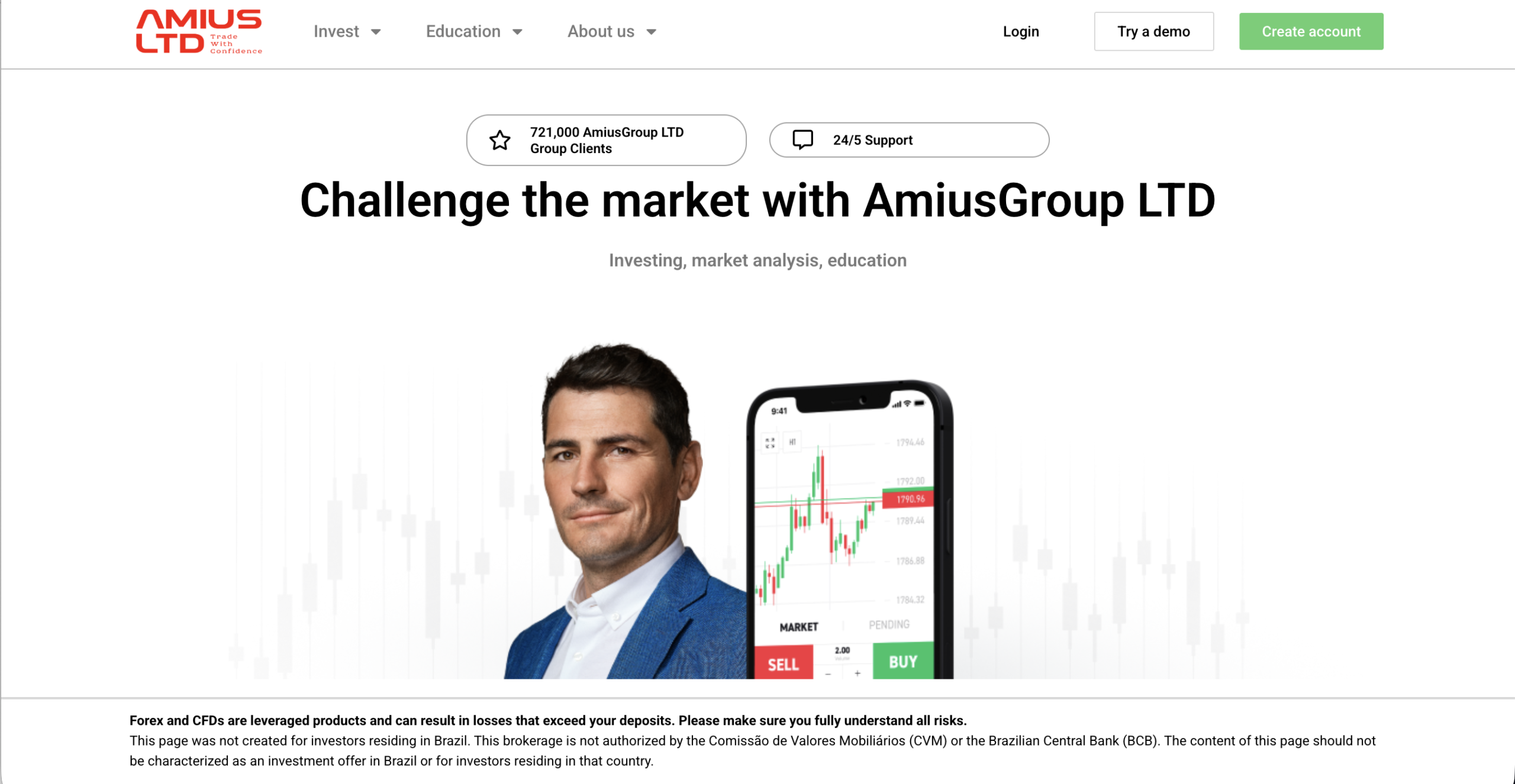Screenshot of the fraudulent trading platform Amius Group Ltd, showcasing its misleading marketing.